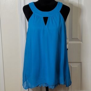 AB Studio Women's Sleeveless Cutout Crochet Hem Tunic Top Blue Size XL